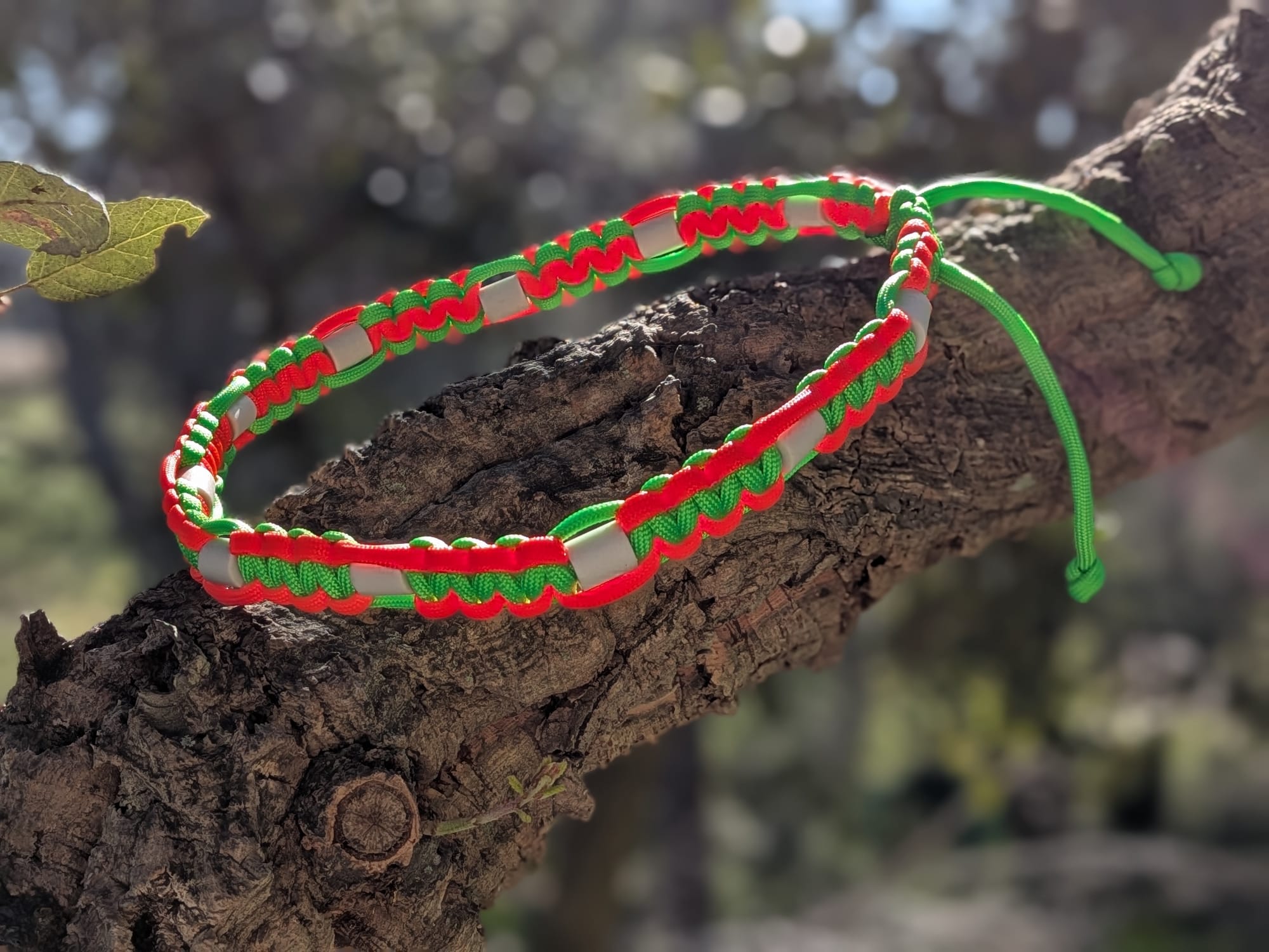 Collier Bicolore pour Chien – Paracorde Tressé Rouge & Vert, Perles EM Antiparasitaires