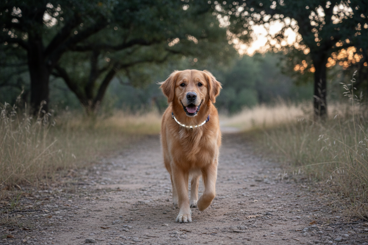 Golden Retriever avec collier réfléchissant biothane lors d'une promenade au crépuscule