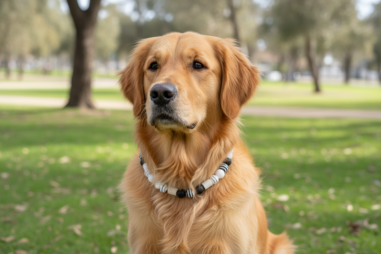 Golden Retriever avec collier antiparasitaire ajustable perles EM au parc