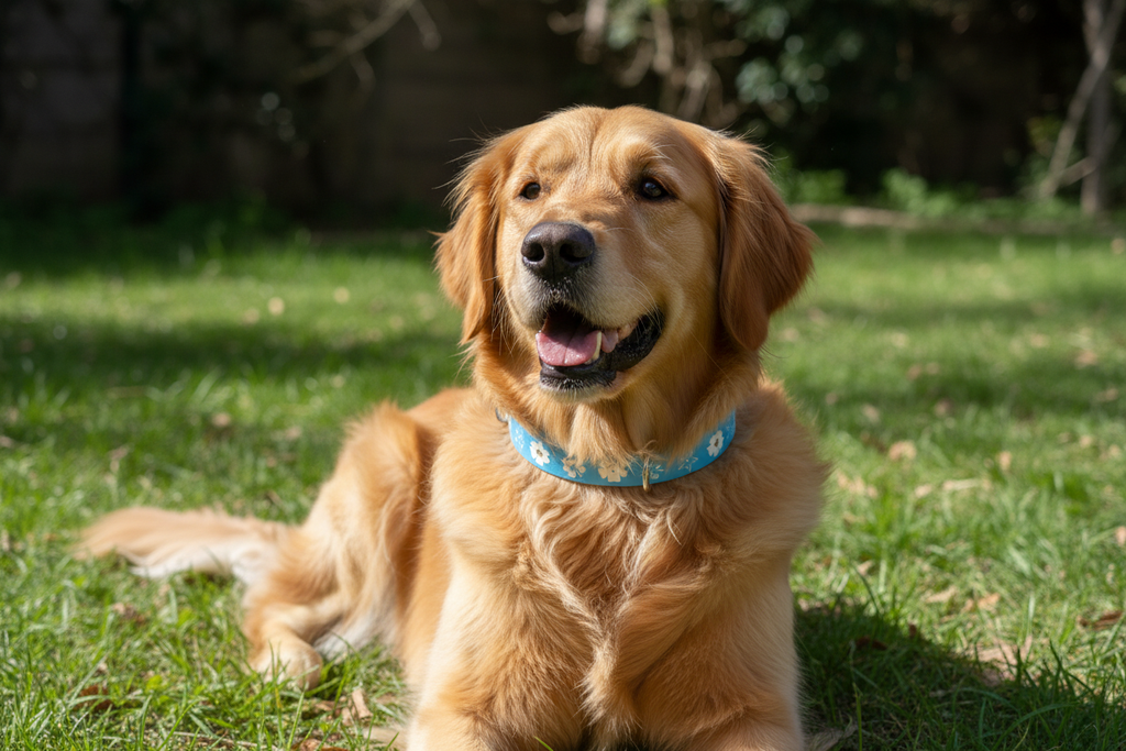 Golden Retriever avec collier biothane motif floral dans un jardin - photo naturelle