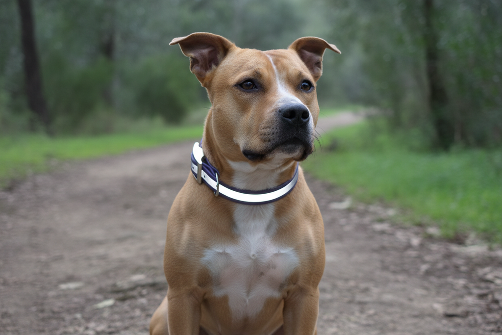 Staffordshire Bull Terrier portant un collier biothane réfléchissant pour la sécurité nocturne