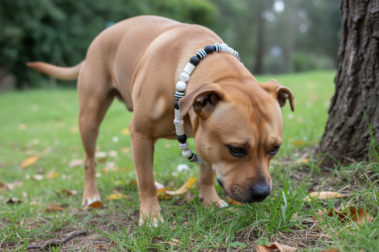 Staffordshire Bull Terrier portant un collier perles EM ajustable en promenade