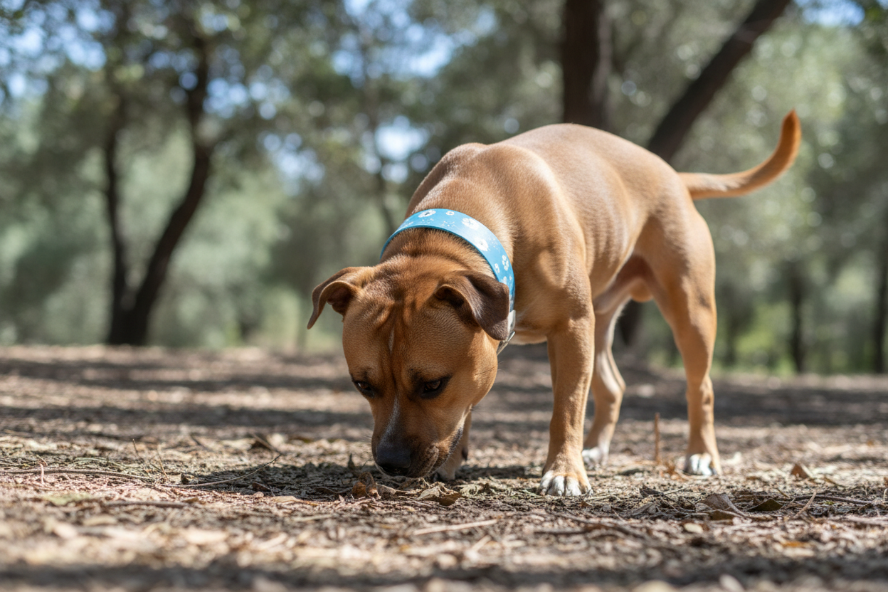 Staffordshire Bull Terrier portant un collier biothane floral en promenade - moment candide